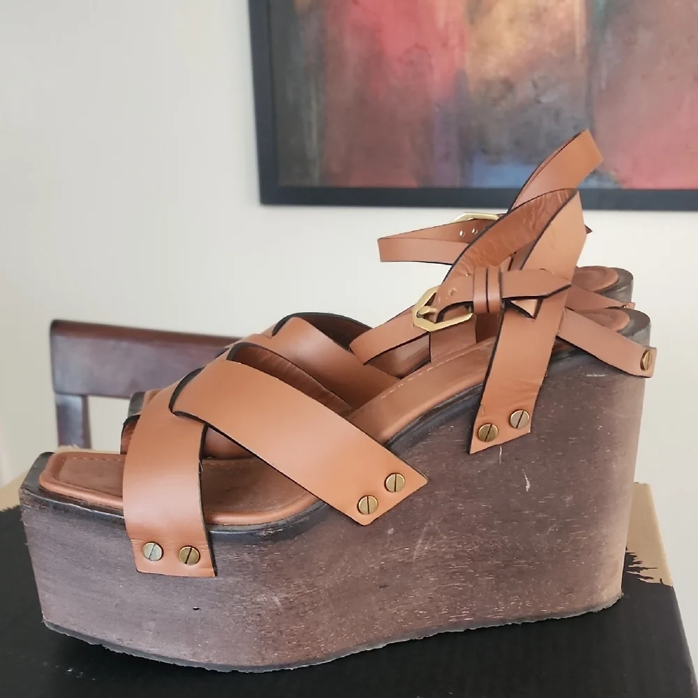 FRAME Denim Brown Leather Platform Sandals | 70s Boho Wedge | Size 40.5